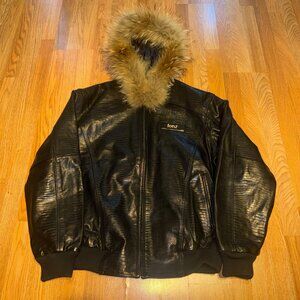 Pelle Pelle Mens Black Leather Jacket With Fur Hood Size 52 Full Zip Ribbed Hem